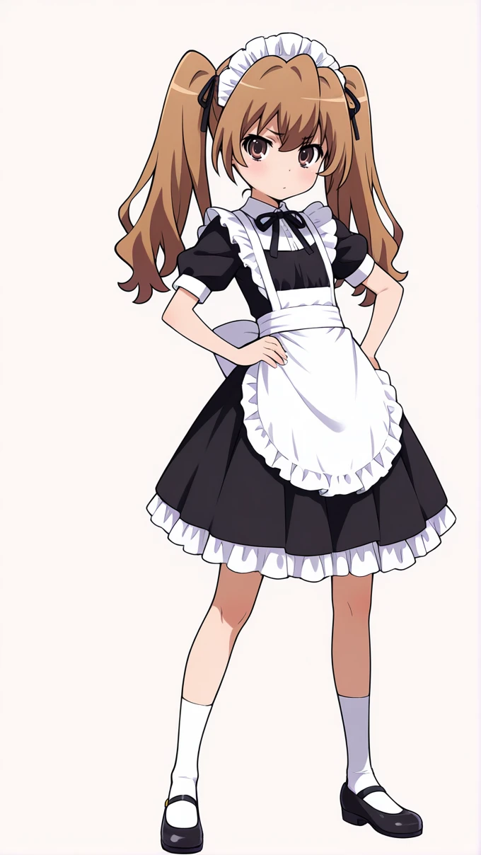 masterpiece,best quality,high resolution,absurdres,aisaka taiga, 1girl, solo, twintails, brown hair, long hair, full body, socks, apron, maid, ribbon, hand on own hip, shoes, hair ribbon, white socks, standing, simple background, frills, dress, white background, looking at viewer, short sleeves, black footwear<lora:aisaka_illustrious_0001:0.7>,