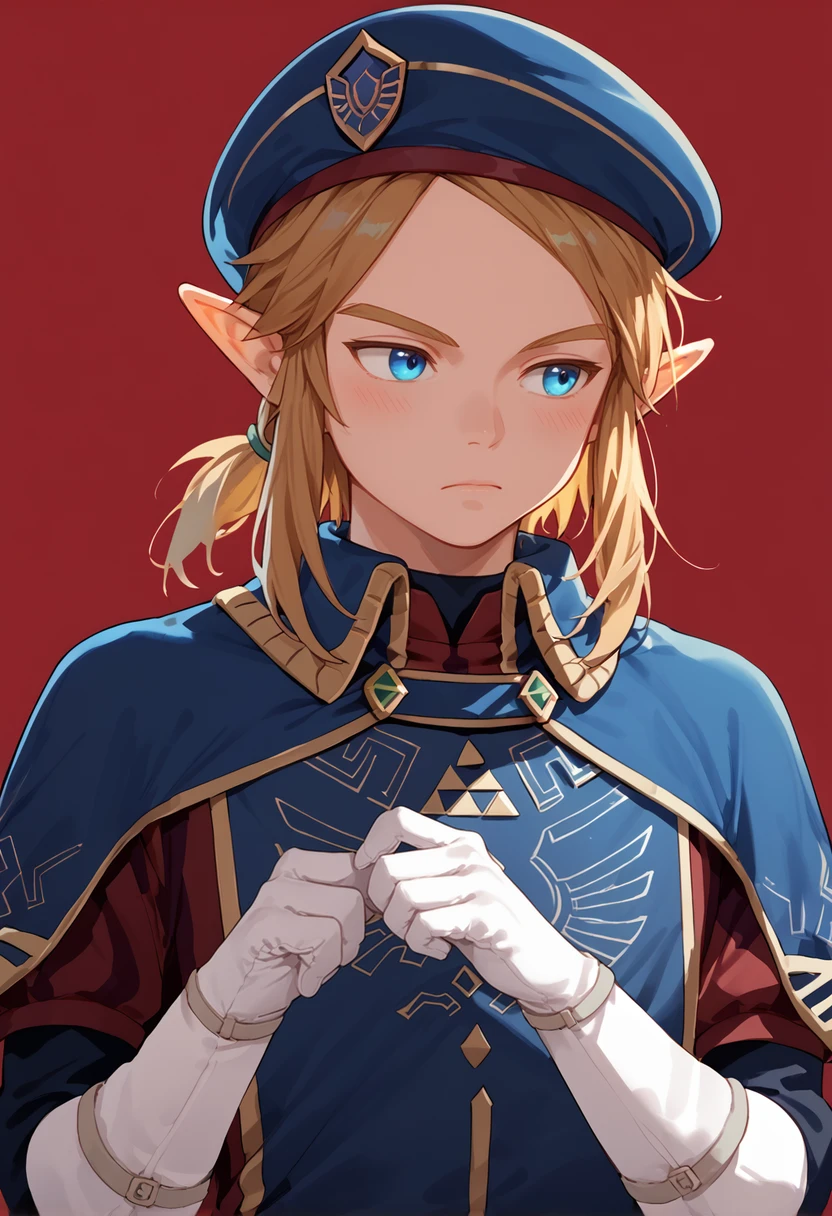 score_9, score_8_up, score_7_up, score_6_up, score_5_up, score_4_up, source_anime,
link, royal_guard, 1boy, gloves, pointy ears, white gloves, blue eyes, solo, blue headwear, hat, upper body, adjusting clothes, adjusting gloves, closed mouth, medium hair, sidelocks, blush, hands up, red background, uniform, looking to the side, bangs