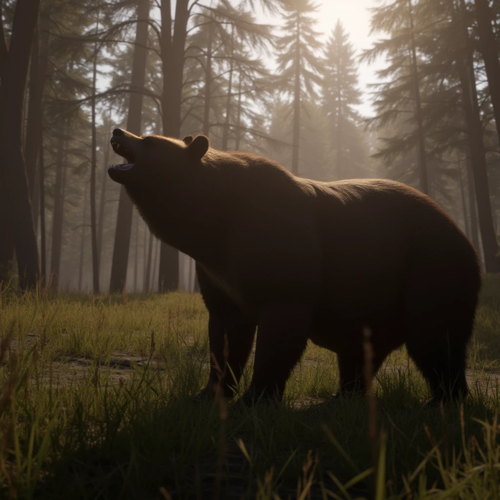 cinematic film still of <lora:Red Dead Redemption style v1:0.9>
a bear is standing in the woods with its mouth open, outdoors, day, blurry, tree, no humans, depth of field, animal, sunlight, grass, plant, nature, scenery, forest, bear, epic, Western, adventures, outlaw, Red Dead, Western United States, wild west, cowboy, cowgirl, Open world, 1900's, realistic, cinematic, film look, dramatic light, partially covered in shadows, gang, Western-themed action-adventure, Red Dead Redemption style, fangs, shallow depth of field, vignette, highly detailed, high budget, bokeh, cinemascope, moody, epic, gorgeous, film grain, grainy