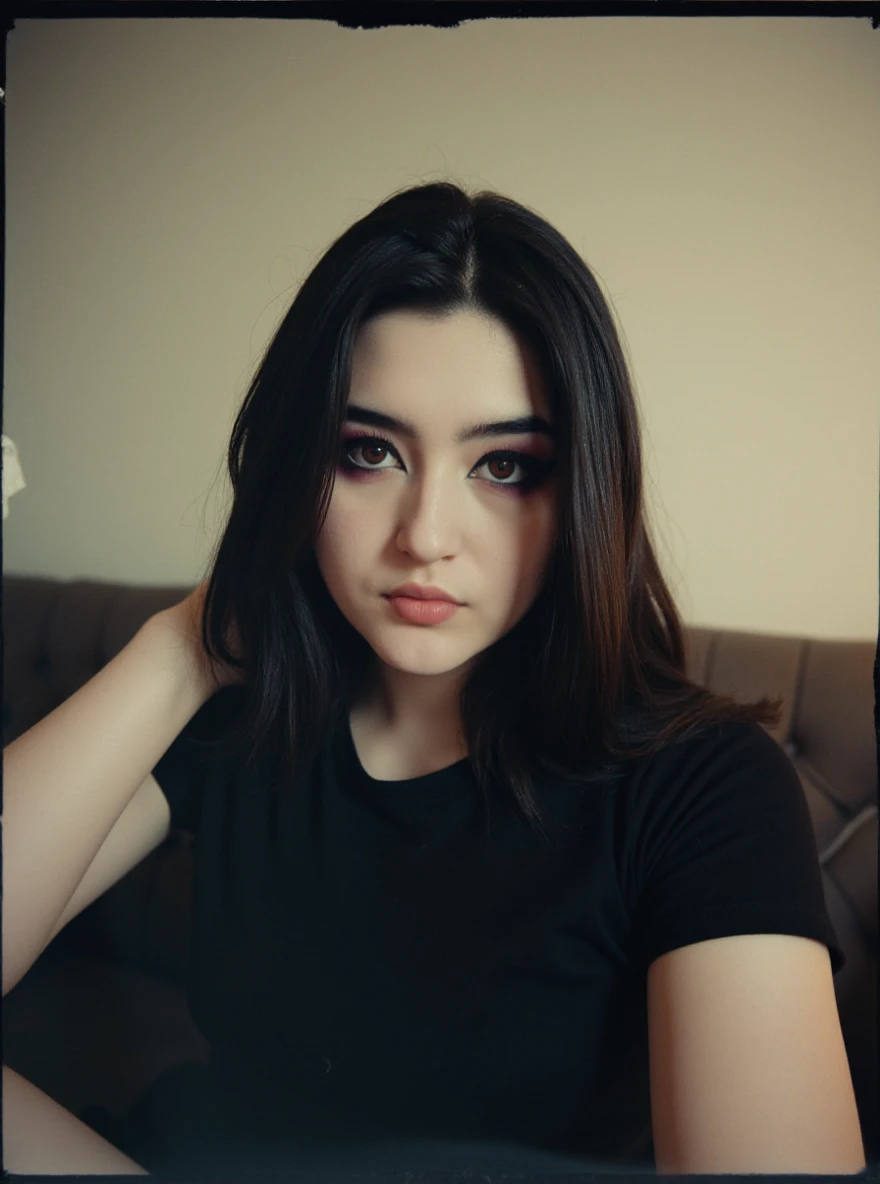 1970s, 70s, blurry old photograph of ch4rl0tt3g3rm4n woman, wearing a black tshirt, in a living room, detailed face, in the 70s, bleached scratched damaged torn smudged dirty wrinkled polaroid, kodak portra 400, cine film still, natural lighting, highly detailed, absurdres