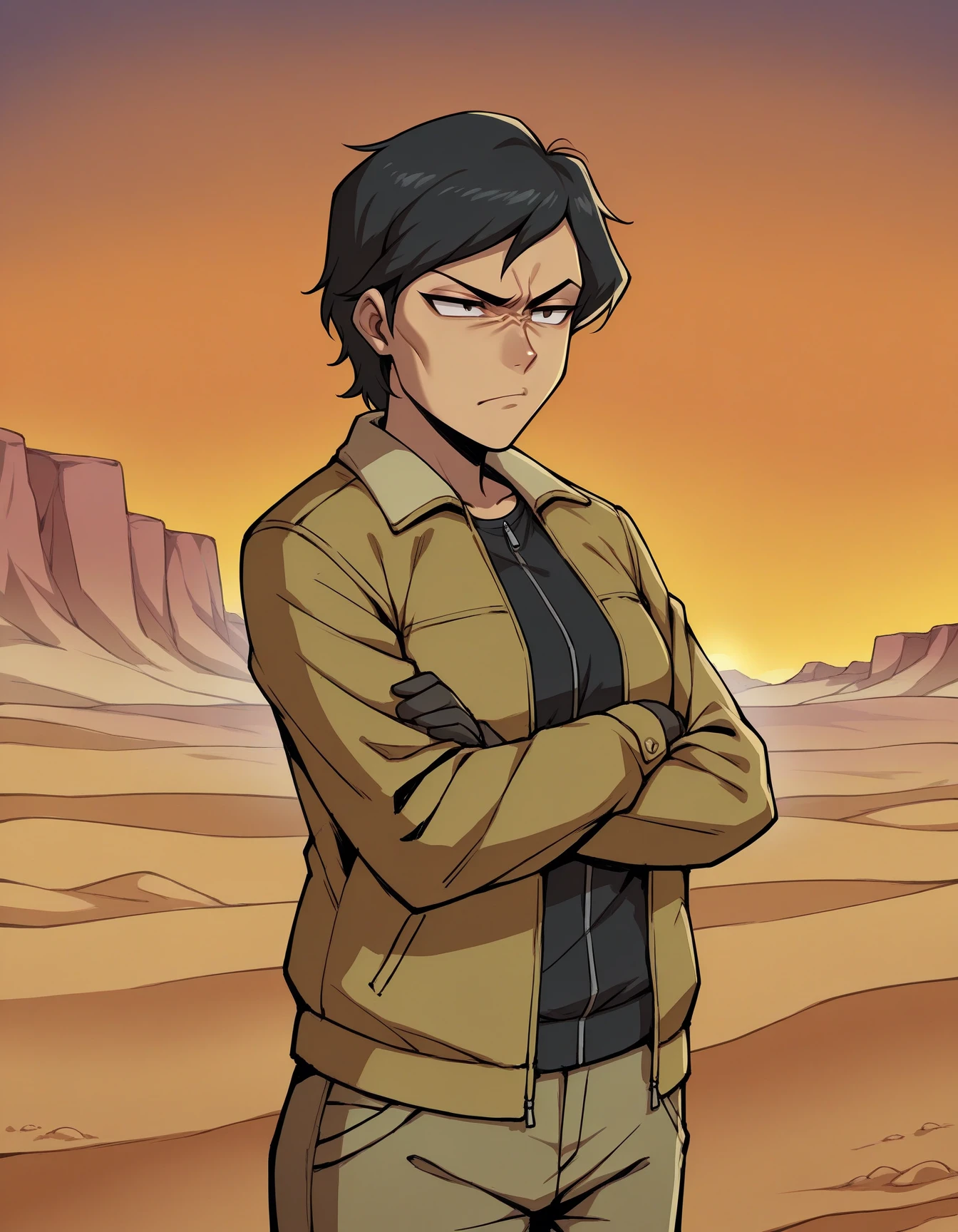 masterpiece,best quality,1girl,taliana, <lora:TalianaIllustrious:0.65>,jacket,pants,short hair,black hair,crossed arms,scowling,outdoors,desert,cowboy shot,sunset,flat color