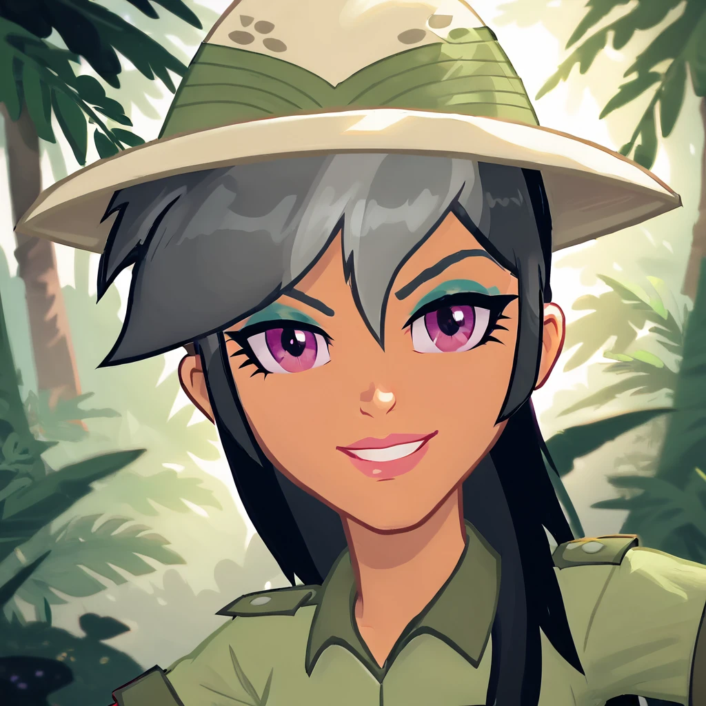 score_9, score_8, score_7, daring do, tan skin, solo, upper body, smile, hat, looking at viewer, best quality, hd, highly detailed, cinematic quality, cinematic lighting,  4k, 8k, high detail, jungle backgroung