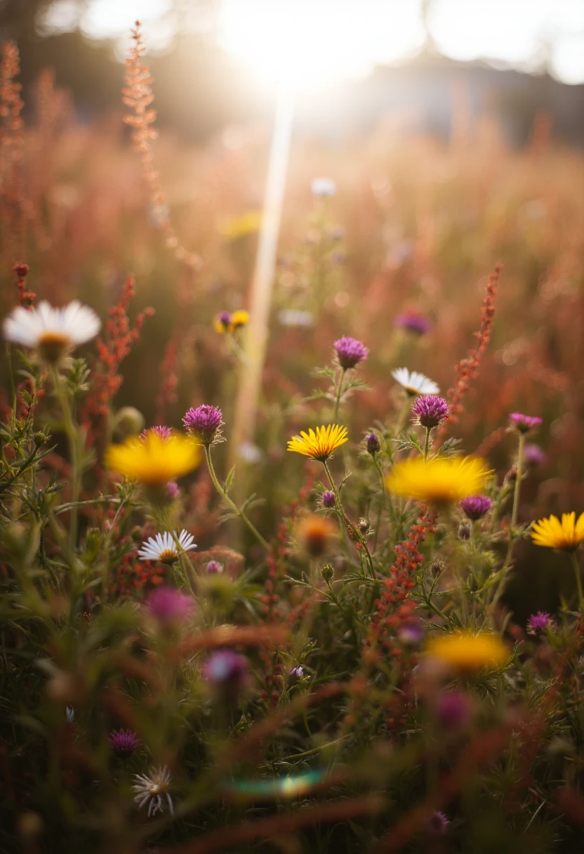 bokeh-macro. This photograph captures a vibrant, dreamy meadow scene bathed in warm, golden sunlight. The image features a lush, wildflower-filled field with an assortment of colorful, delicate blooms. Prominent among them are yellow daisies, purple thistle-like flowers, and white, fluffy seed heads. The flowers are scattered across a sea of tall, slender grasses and wild plants in various shades of red, brown, and orange, creating a rich, earthy palette. 
The background is a soft-focus blur of the same foliage, giving an ethereal, almost bokeh-like effect with the sun's rays piercing through the vegetation, creating streaks of light and shadow.<lora:BokehMacro:1>