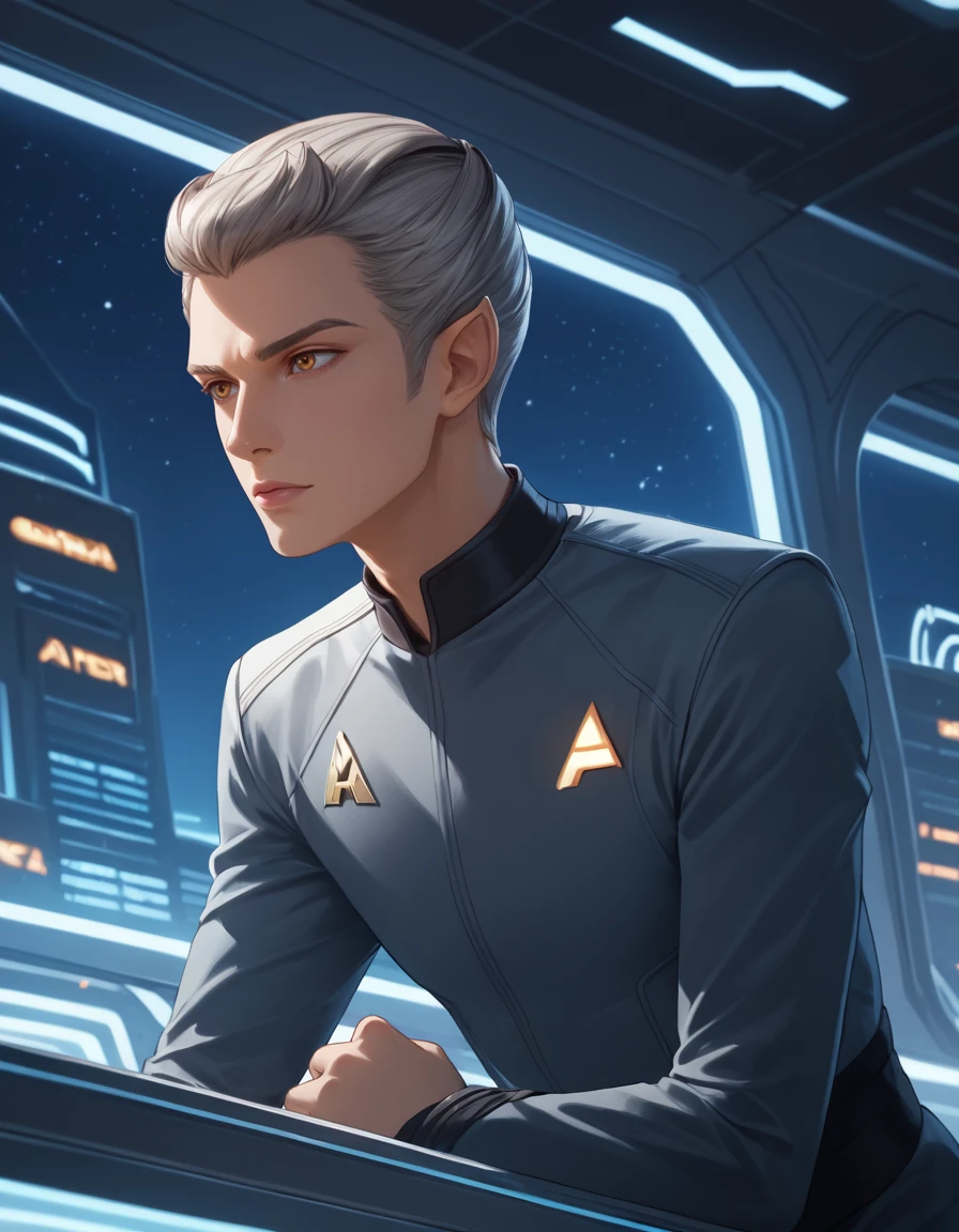 score_9, score_8_up, score_7_up, details,volumetric lighting, dynamic angle, rating_safe, source_anime, <lora:vulcanears:1>, vulcanears, vulcan ears, 1boy, dusk futuristic, star trek,  brown eyes, grey hair, cone hair bun, long hair , bent over, satisfied, oblique angle, close-up, translucency, Bell Bottoms, city, looking away