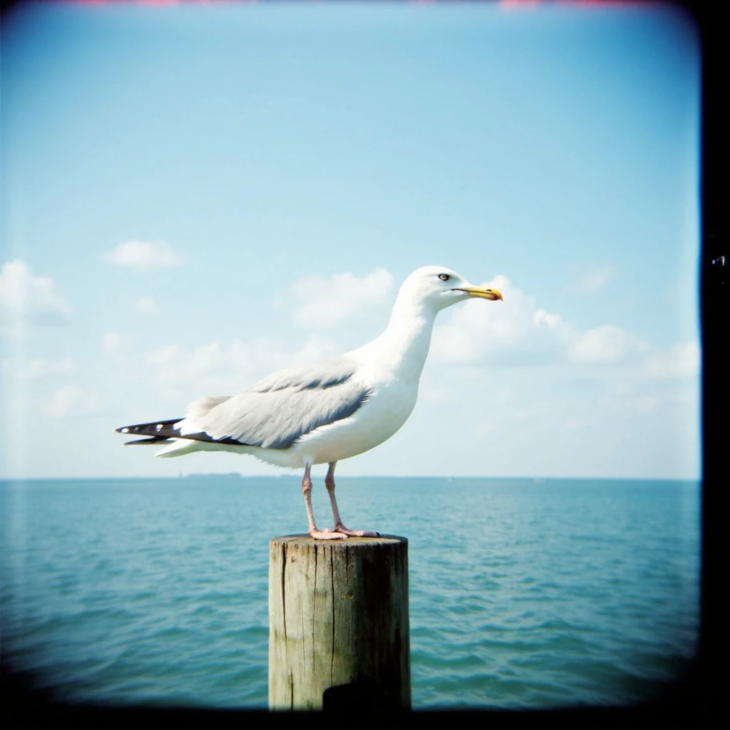 Shot with a Holga camera, a seagull perched on a wooden post