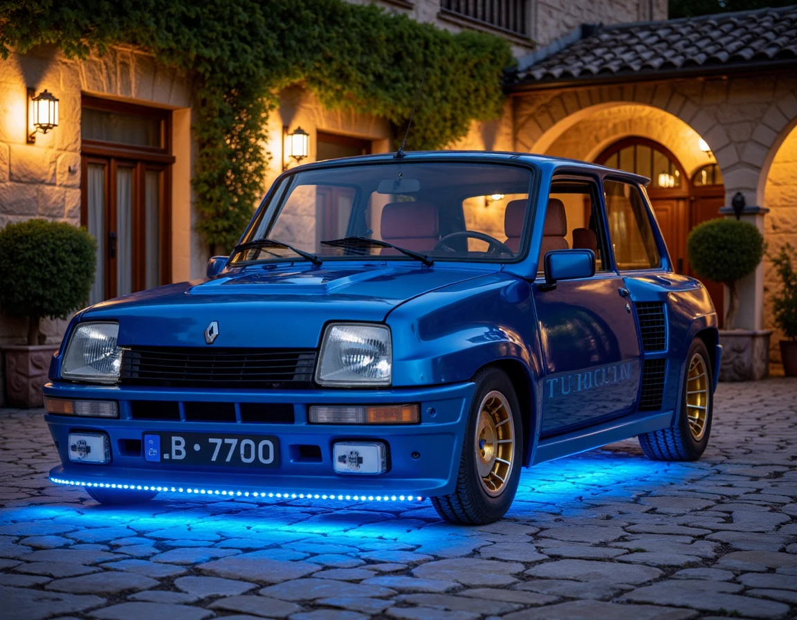 r3nault5, A metallic blue Renault 5 Turbo-inspired car shines under the vibrant glow of its LED undercarriage lights, casting a soft blue hue onto the cobblestone courtyard of a historic European villa. Golden rims gleam in the warm light of hanging lanterns, while the car’s aerodynamic lines are accentuated by the subtle glow. The villa’s ivy-covered stone walls and rustic charm contrast beautifully with the car’s modern LED enhancements. Cinematography inspired by "Fast and Furious," blending old-world elegance with a bold, modern vibe.