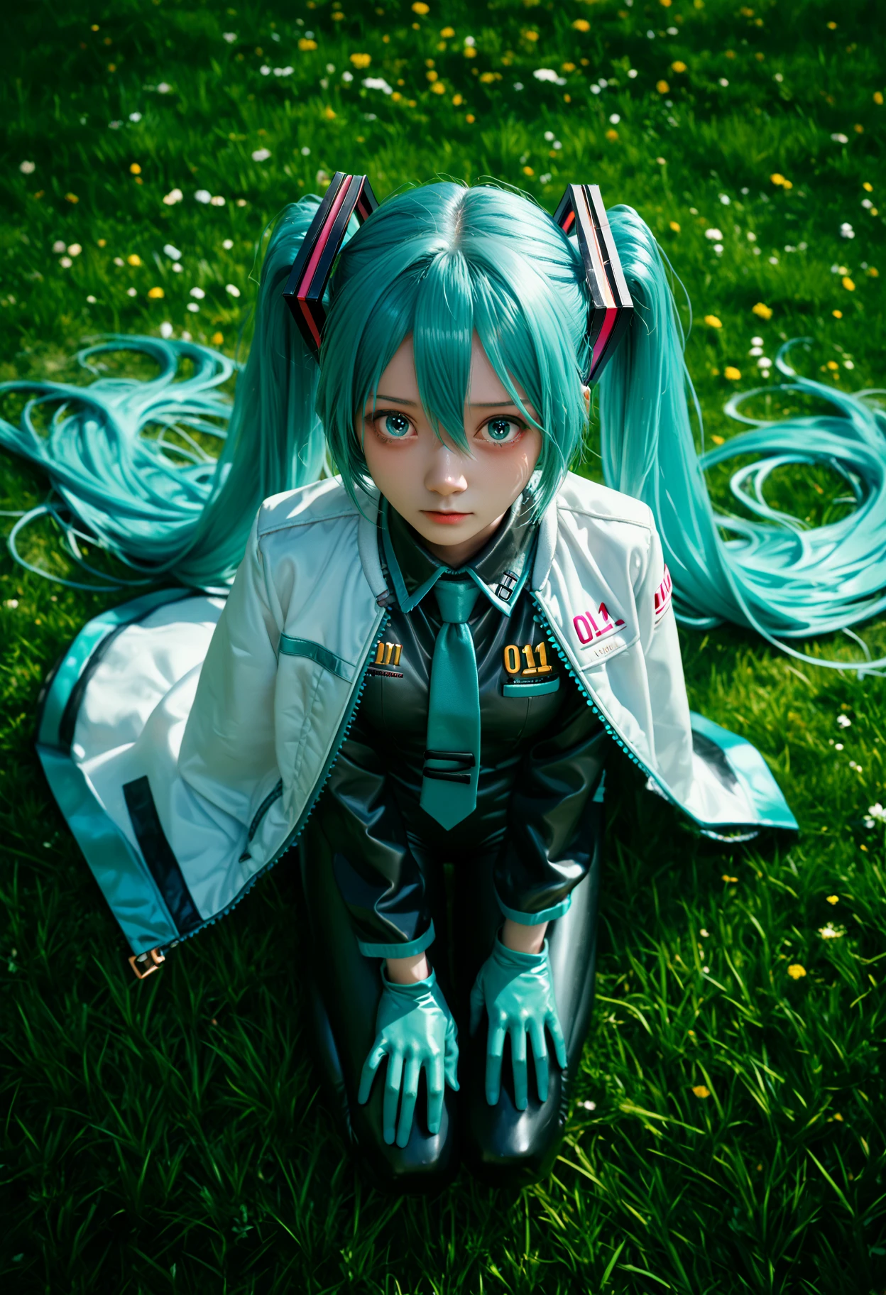 score_9,score_8_up,score_7_up,beast_quality,masterpiece,
1girl,solo,s1_dram,from above,on grass,RHM22,hatsune miku,1girl,racing miku,solo,green gloves,twintails,long hair,blue eyes,black bodysuit,two-tone gloves,aqua hair,hair between eyes,jacket,long sleeves,white jacket,long legs,