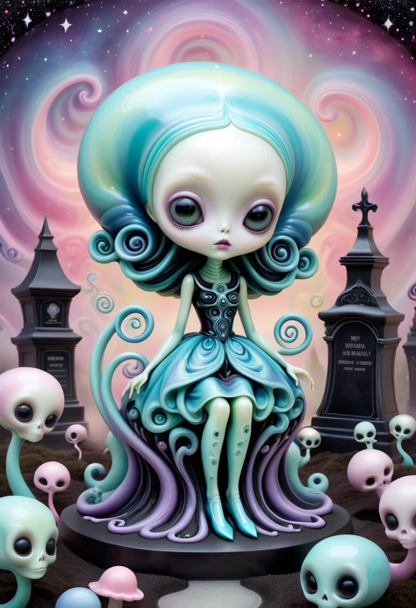 Stylized alien figure, swirls, cosmic dust, Mark Ryden, Hannah Jennings, artdncchlr, gloss finish accents, spooky, grave, flat, with feminine curves, pastel colors, silky texture, rare event,, soft light background, analogous colors  <lora:artfully_SELECTED:0.505>