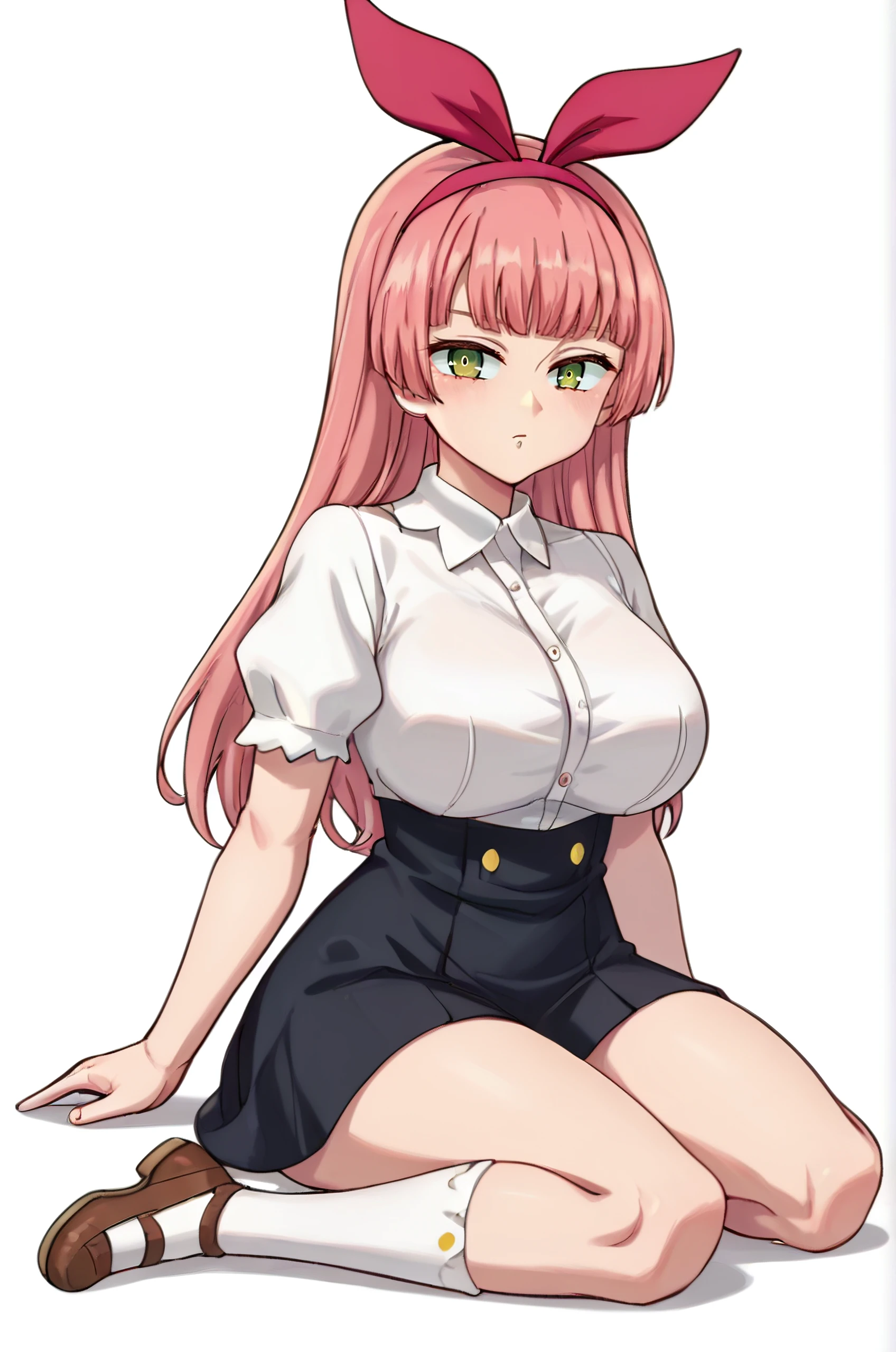 score_9, score_8_up, score_7_up, anime coloring, detailed, Isolde, 1girl, solo, long hair, bangs, bow hair, large breasts, green eyes, pink hair, blunt bangs, red hairband, tall woman, perfect eyes, perfect hands, perfect hair, <lora:Isolde_four_knights_of_the_apocalypse-000006:0.8> chibi, chibi style, cute, knee, on ground, looking behind,