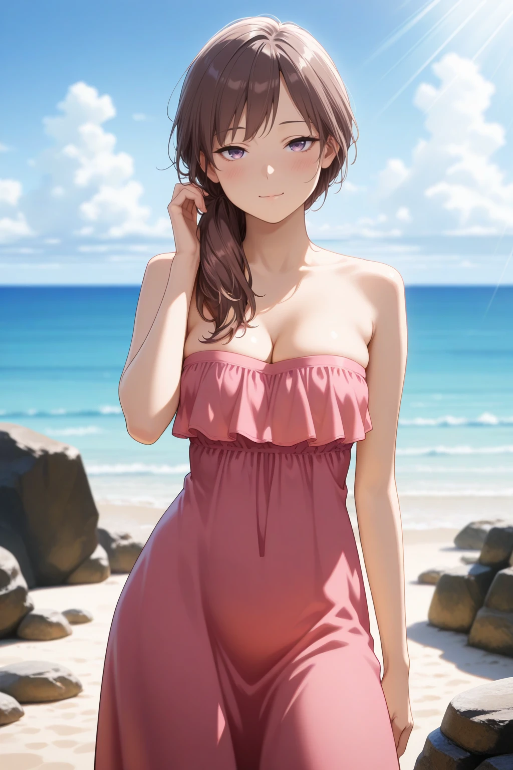 masterpiece, best quality, amazing quality, very aesthetic, absurdres, photorealistic, 1girl, solo,
<lora:kanoko_izo_IL:0.8>, kanoko, brown hair, long hair, purple eyes, hair over shoulder,
medium breasts, cleavage, pink dress, bare shoulders, strapless, long dress,
half closed eyes, seductive gaze, bedroom eyes, closed mouth, loving smile,
blush, looking at viewer, standing, contrapposto, cowboy shot, straight-on, hand behind head, arm at side, adjusting hair, floating hair,
blurry background, beach, horizon, blue sky, clouds, day, sunbeam, rock,