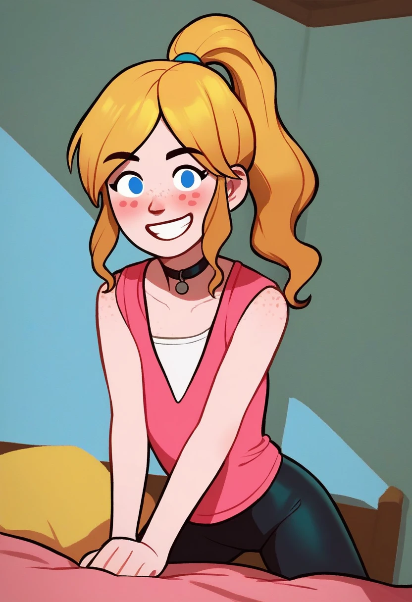 score_9, score_8_up, score_7_up, score_6_up, score_5_up, 1girl, solo,
(source cartoon),
<lora:Izzy (Storybooth):0.9>
Izzy_Storybooth, blonde hair, high ponytail, freckles, dot eyes,
choker, grin, teeth,
(leggings), cowgirl outfit, vest,
seductive pose, dutch angle,
indoors, (detailed background), bedroom, bed,
looking at viewer, coy smile, flirtatious look,
sultry expression, blush,