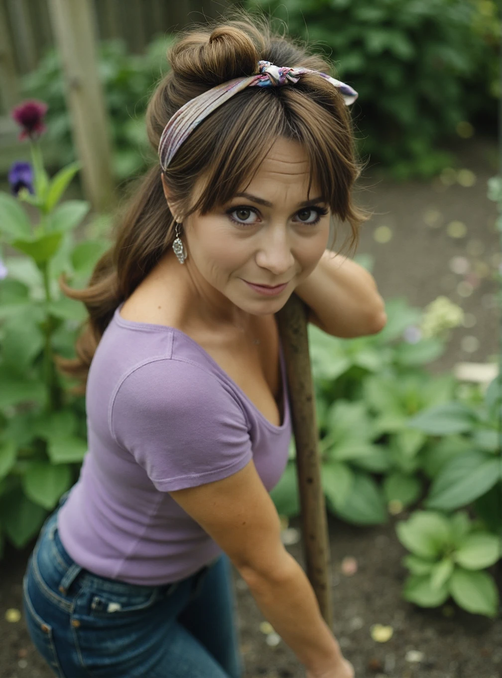 A professional photograph of a woman in her late 20s Felicity_Kendal wearing a tight lilac tshirt, leaning on a shovel in a vegetable garden, light make-up, scarf tied around hair, detailed skin, bokeh, female focus, SFW <lora:Felicity_Kendal:1>