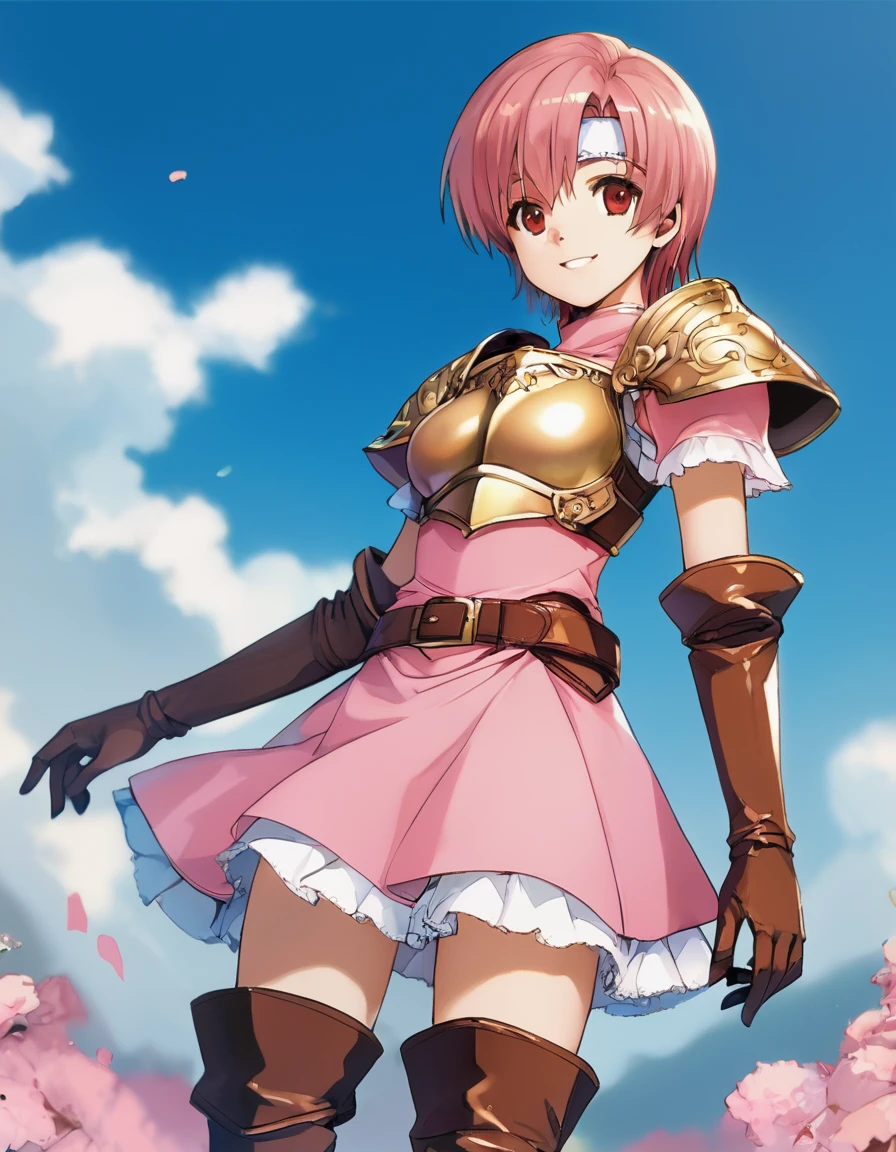 <lora:sfcest_v0.91:1> sfcest, 1girl, armor, solo, pink hair, short hair, breastplate, smile, red eyes, headband, gloves, , shoulder armor, dress, elbow gloves, breasts,  boots, zettai ryouiki, thigh boots, brown footwear, skirt, belt, brown gloves, pauldrons, short sleeves, short dress, pink dress, pink skirt, 
score_9, score_8_up, score_7_up, source_anime, masterpiece, best quality, extremely delicate and beautiful, highres, original