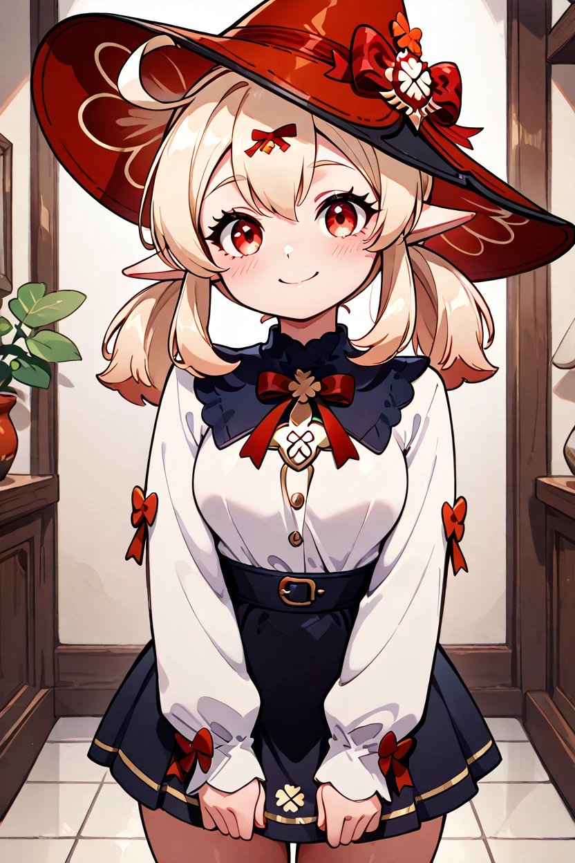 masterpiece, best quality, 32k, high resolution, absurdres, medium breasts, (curvy), cute, eyelashes, vivid colors, BREAK  ,,, zzKlee, klee (blossoming starlight) (genshin impact), hair between eyes, red eyes, ahoge, blonde hair, long hair, low twintails, pointy ears, twintails, witch hat, alternate costume, sidelocks, hat bow, <lora:KleeBlossomingStarlightGenshinIXL:1.0>,,,,,,   closed mouth, alternate costume, smile, looking at viewer, collared shirt, blush, sweater, black skirt, eyelashes, long sleeves, sleeves past wrists, plaid skirt, blurry, tile floor, pleated skirt, white shirt, cowboy shot, <lora:GoldenCATLoraIXL:0.6>, <lora:princess_xl_v2:0.3>,