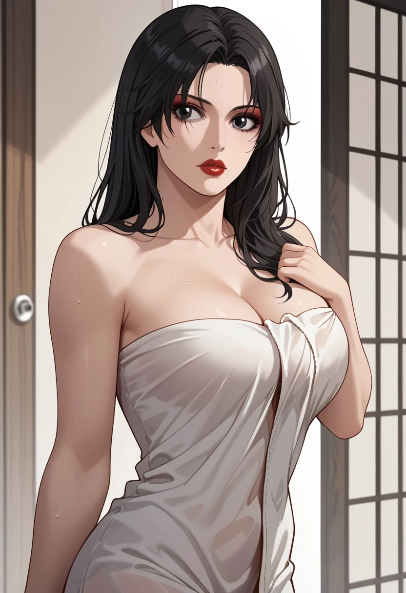 score_9, score_8_up, score_7_up, BREAK, ZhuangXiaodie, long hair, black hair, black eyes, large breasts, red lips, makeup, ZhuangTowel, cleavage, naked towel, 1girl, solo,