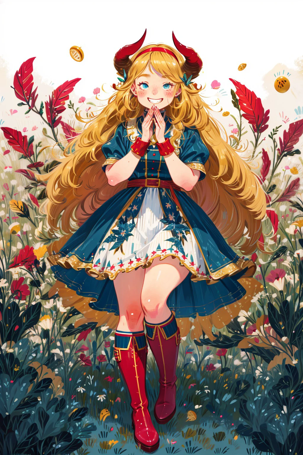 (smiling), masterpiece, best quality, 1girl, blonde hair, blue eyes, blush stickers, boots, bracelet, cuffs, full body, grin, hairband, horns, long hair, own hands together, red footwear, smile, solo, striped legwear, tail, teeth, wristband, maniacal laughter <lora:1girlDistortionL:0.8>