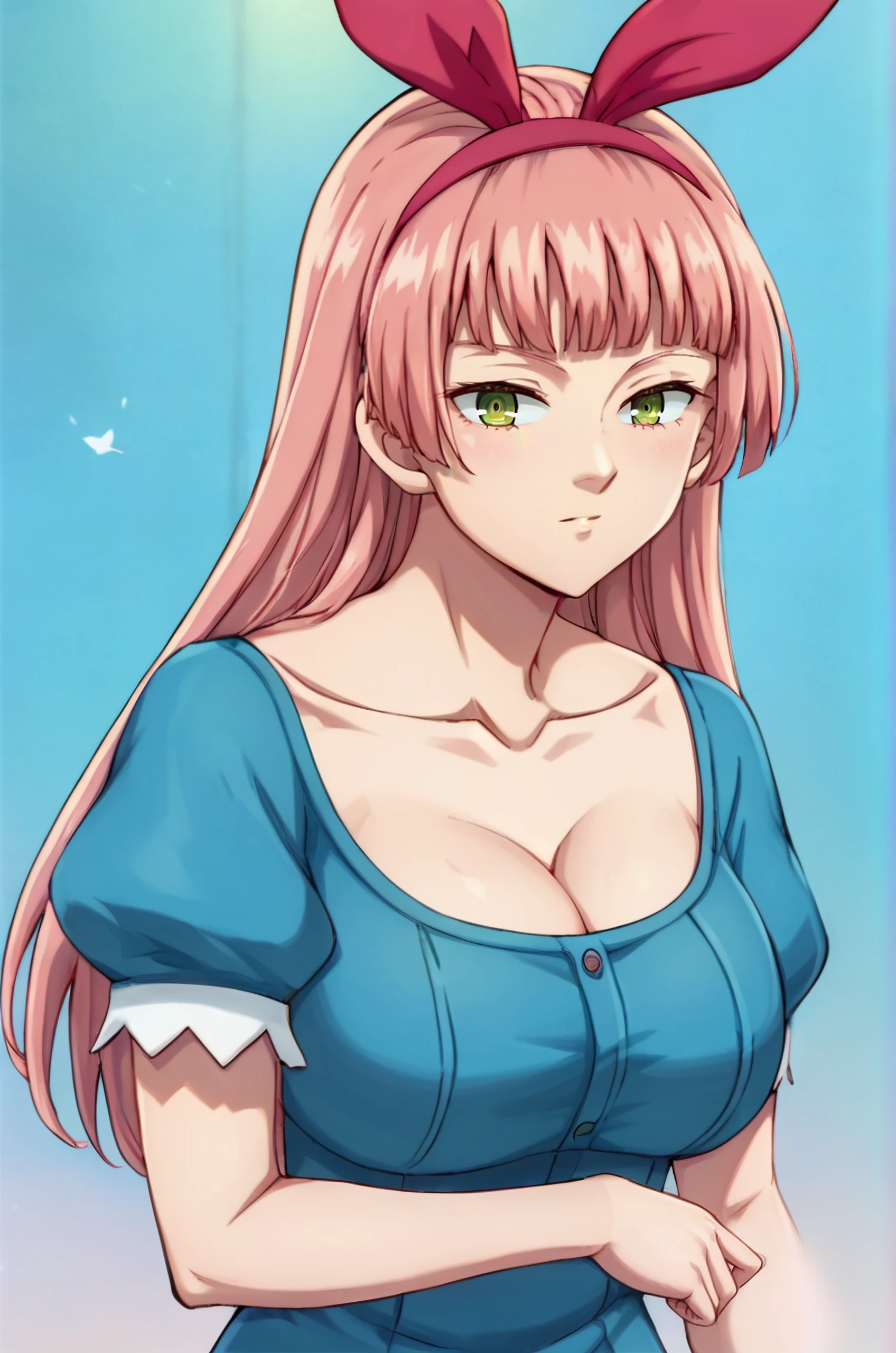 score_9, score_8_up, score_7_up, anime coloring, detailed, Isolde1, 1girl, solo, long hair, bangs, bow hair, large breasts, green eyes, pink hair, blunt bangs, red hairband, tall woman, (perfect eyes), perfect hands, perfect hair, <lora:Isolde_four_knights_of_the_apocalypse-000006:0.8> blue dress, bearneck, cleavage, short sleeves,