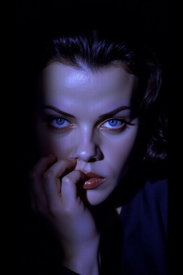 Ultra realistic, ultra detailed colors, textures and shadows, In the style of film noir 1940s, a half-face portrait of a woman partially covered in shadows that slowly obscure the image in contrasting polarity. The shadows are colored by blues, and purple hues against a dark background. Her expression is strong and intense, piercing blue eyes, with a slight tilt of the head that makes the shadows constrast even more, creating a sense of movement and texture. Camera Settings: Shot with a Leica M11, 90mm lens, f/2.0, with high contrast to emphasize the texture of her skin and shadows, intense lip color, skin textures showcasing imperfections and soft wrinkles in her face. dbmazar,dmazar