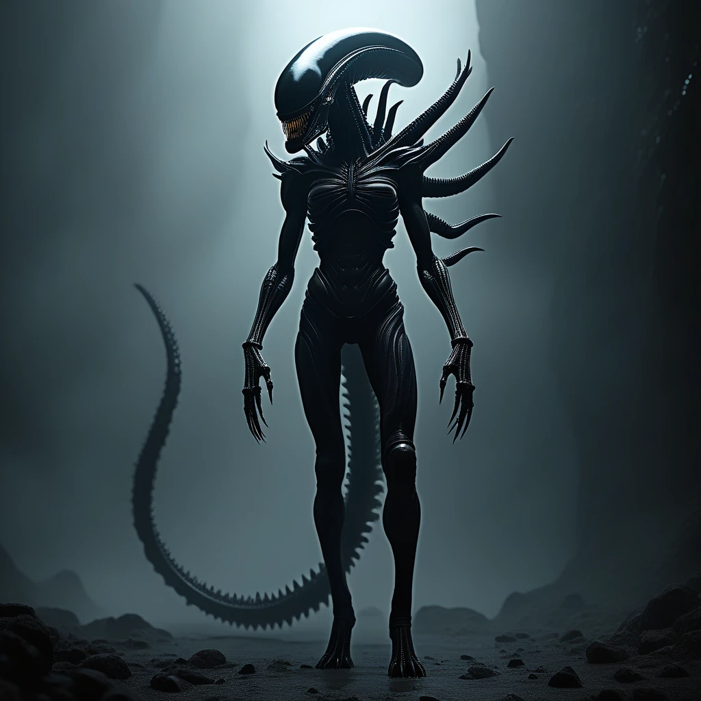 full body portrait of a xenomorph queen, towering and majestic, intricate biomechanical design, elongated head, and elongated tail, glossy black exoskeleton gleaming under dim light, sharp claws and teeth exposed, surrounded by a dark, alien landscape with mist and shadows, concept art by H.R. Giger, highly detailed, cinematic atmosphere, Trending on Artstation, unreal engine 5, 4K UHD image