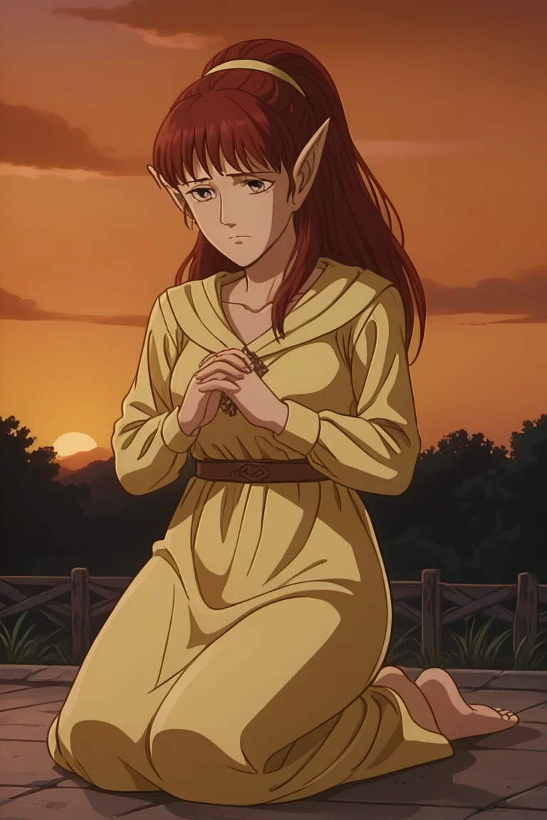 1girl, solo, sheerwiz, red hair, long hair, ponytail, pointy ears, grey eyes, yellow dress, long sleeves, collarbone, jewelry, necklace, brown belt, kneeling, own hands clasped, outdoors, sunset, sad