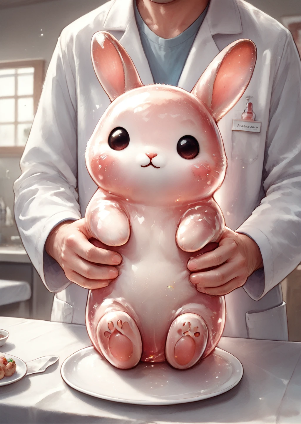 score_9, score_8_up, score_7_up, score_6_up, score_5_up, score_4_up, sfw, vetcheck, human, 1boy, veterinarian, lab coat, rubber gloves, inspection, hands, holding animal, animal focus, inspection table, cute female furry feral chibi gummybun, sitting on a plate, confused, source_furry <lora:Gummy_Bunny_Pony-000010:1> gummybun, jelly, rabbit, translucent blue, <lora:Veterinarian_inspection:0.7>