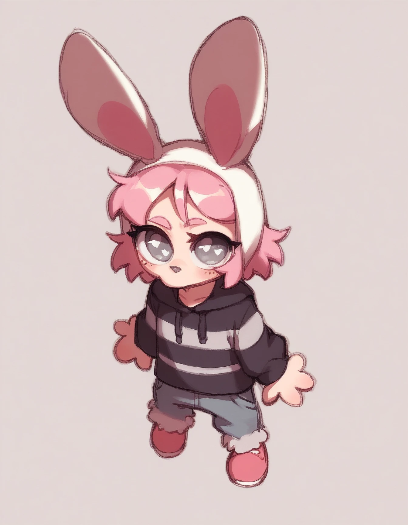 score_9, score_8_up, score_7_up, score_6_up, solo, source_anime
Sophie, short pink hair, large, fluffy bunny ears, striped hoodie, gray eyes, white pupil, black T-shirt, full body, head antennas
 <lora:Silly_Guy__Concept:1>
 <lora:Sophie_XL:0.7>