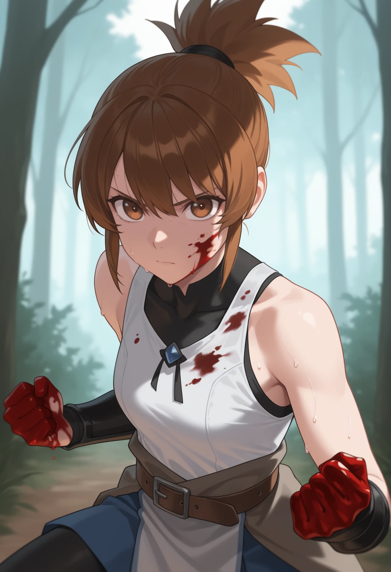 masterpiece, best quality, <break> solo, 1girl, m4rci, blood, blood on face, blood on clothes, blood on hands, sweat, serious, looking at viewer, fighting stance, clenched hands, short hair, brown hair, ponytail, brown eyes, white shirt, sleeveless shirt, brown belt, vambraces, blue skirt, black leggings, bare shoulders, collarbone, outdoors, forest
<segment:yolo-Anzhc Face seg 640 v2 y8n.pt,0.4,0.5//cid=1>