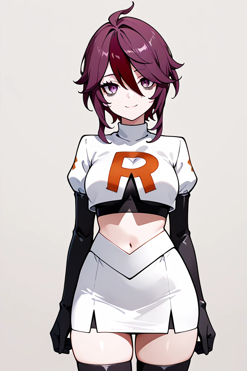 masterpiece, best quality, 32k, high resolution, absurdres, medium breasts, (curvy), cute, eyelashes, vivid colors, BREAK  ,,, zzRosaria, rosaria (genshin impact), solo, bags under eyes, hair between eyes, long eyelashes, multicolored hair, purple eyes, purple hair, red hair, short hair, streaked hair,  <lora:RosariaGenshinIXL:1.0>,,,,,,solo, smile, looking at viewer, Cosplay_TeamRocket, team rocket uniform, white jacket, cropped jacket, white skirt, elbow gloves, black thighhighs, zettai ryouiki, <lora:CosplayTeamRocketIXL:1.0>,