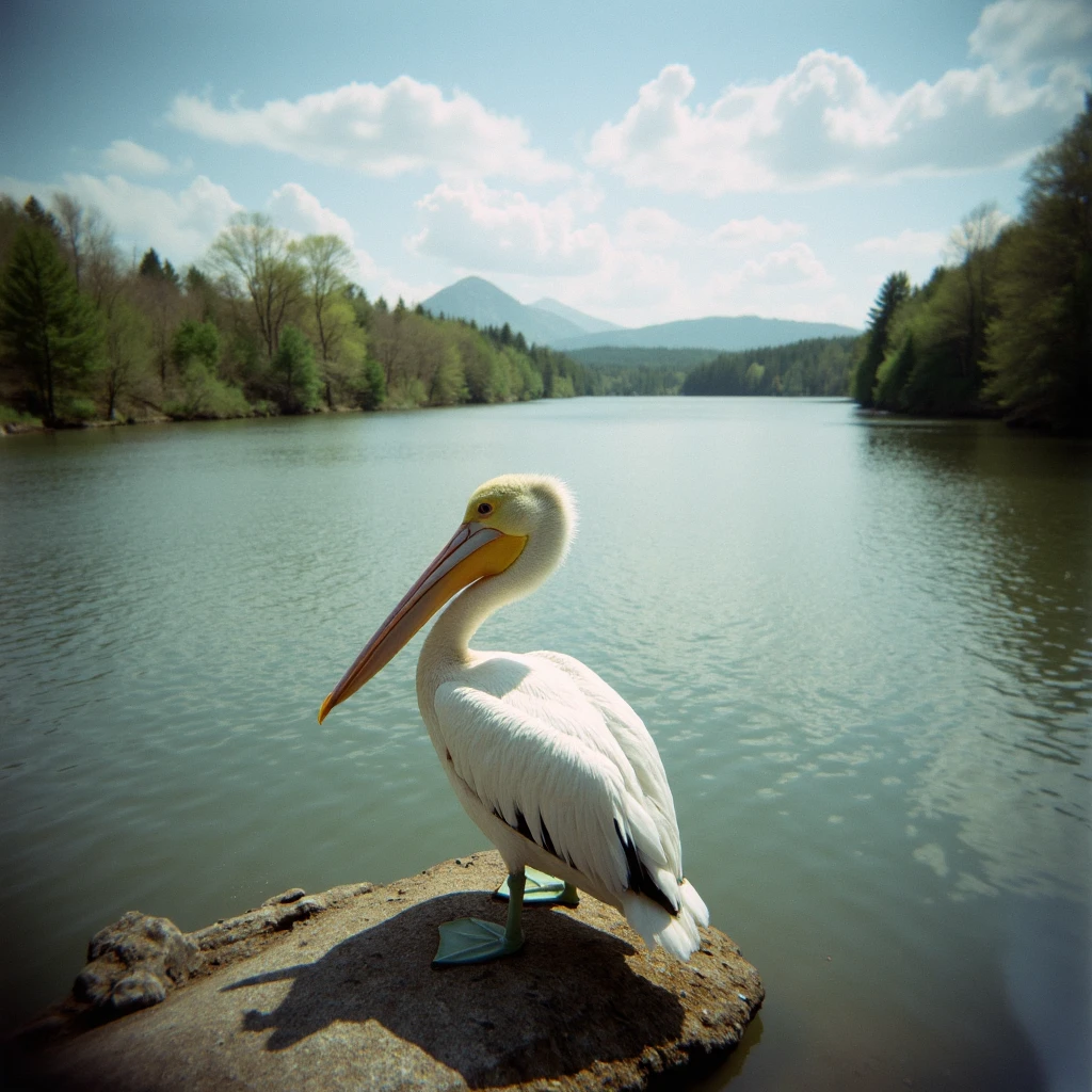 Shot with a Holga camera, a pelican sitting by the river