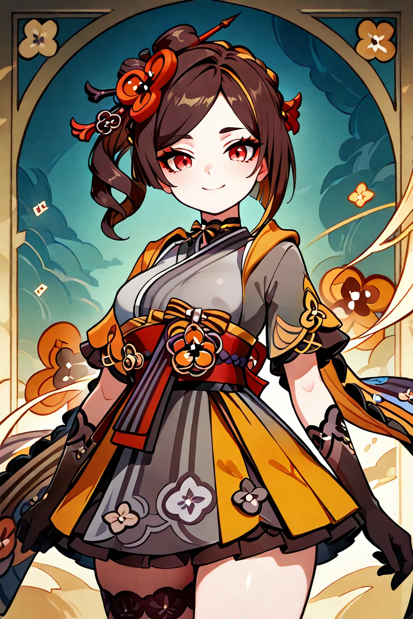 masterpiece, best quality, 32k, high resolution, absurdres, medium breasts, (curvy), cute, eyelashes, vivid colors, BREAK  ,,, zzChiori, chiori (genshin impact), brown hair, hair ornament, red eyes, flower, hair flower, gloves, japanese clothes, sash, obi, <lora:ChioriGenshinIXL:1.0>,,, BREAK,,,   smile, looking at viewer, cowboy shot, abstract background, dynamic pose, wind, <lora:GoldenCATLoraIXL:0.6>, <lora:princess_xl_v2:0.3>,