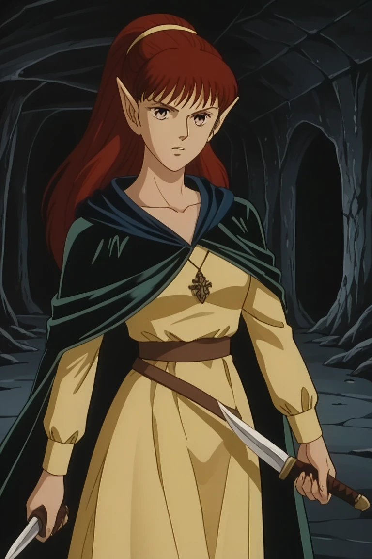 1girl, solo, sheerwiz, red hair, long hair, ponytail, pointy ears, grey eyes, yellow dress, long sleeves, collarbone, jewelry, necklace, black cape, brown belt, standing, cave interior, cavern, holding, knife, cowboy shot, serious, teeth, retro artstyle, 1990s (style)