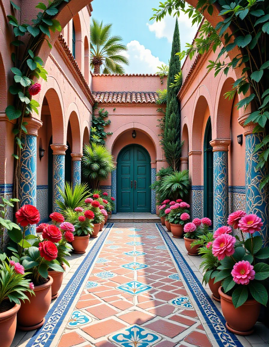 A courtyard with potted plants and flowers in pots - SeaArt AI