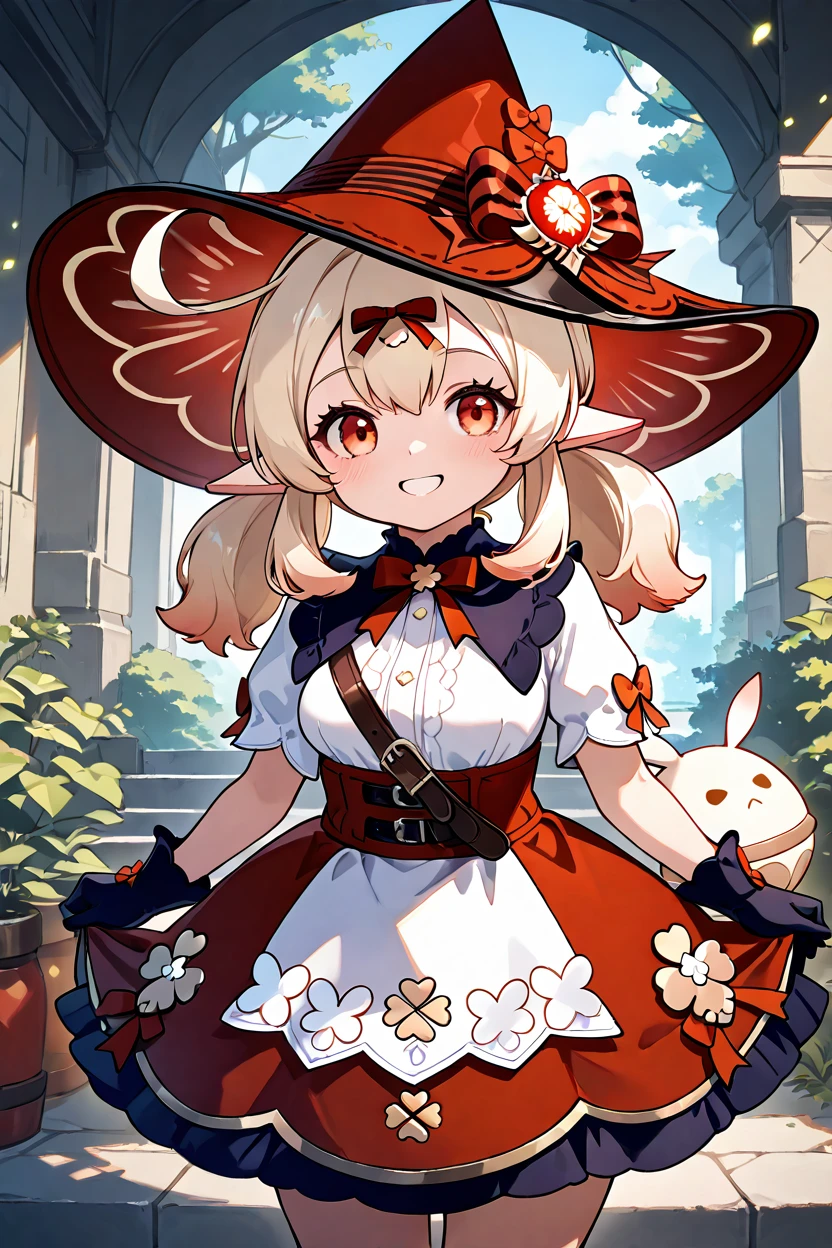 masterpiece, best quality, medium breasts, (curvy), cute, eyelashes, smile,   zzKlee, klee (blossoming starlight) (genshin impact), hair between eyes, red eyes, ahoge, blonde hair, long hair, low twintails, pointy ears, twintails, witch hat, bow, gloves, short sleeves, black gloves, alternate costume, sidelocks, hat bow, <lora:KleeBlossomingStarlightGenshinIXL:1.0>