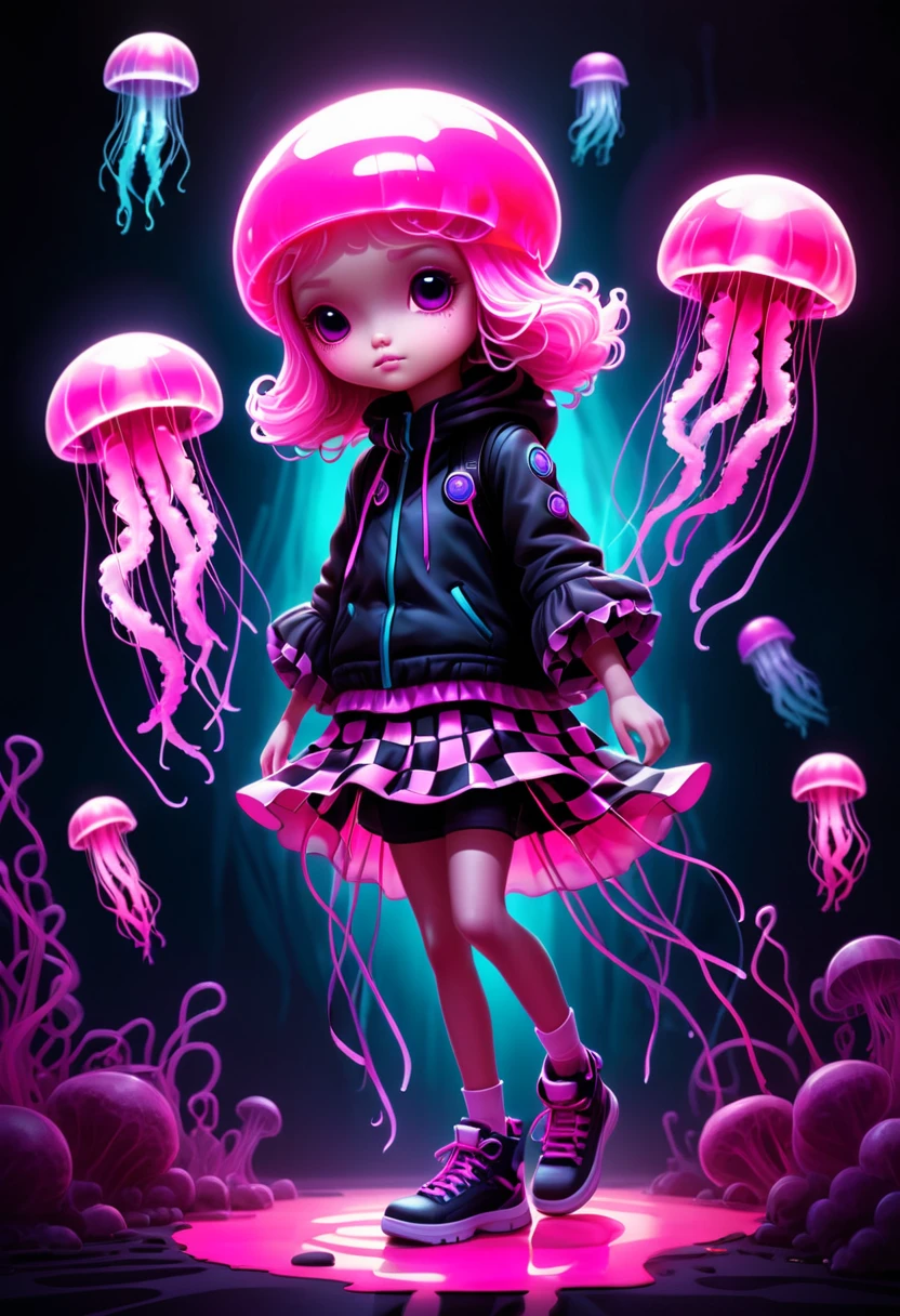 cosmic dust, jellyfish, class character concept print, Skottie Young, arthw24neon, Isadora Duncan, shades of pink, its features glowing eerily in shadowed surroundings, soft light background, polyester, background panels feature warm, natural, Layered, checkerboard pattern, blood magic,, duotone effect,  <lora:artfully_SELECTED:0.505>