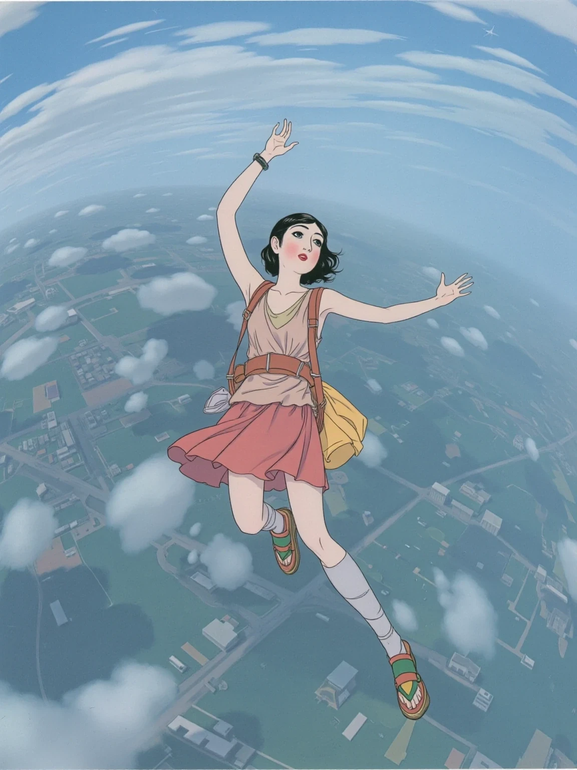 shigerusudo illustration, view from below of woman skydiving and wearing short skirt, she is kinda afraid, loose hair. wide fisheye view of the horizon in the background