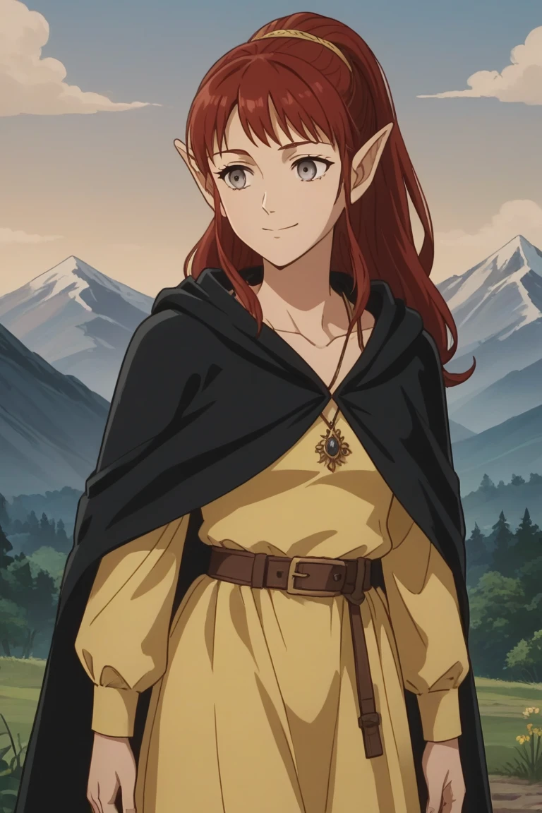 score_9,score_8,score_7, source_anime, anime_screencap, 1girl, solo, sheerwiz, red hair, long hair, ponytail, pointy ears, grey eyes, yellow dress, long sleeves, collarbone, jewelry, necklace, black cape, brown belt, standing, outdoors, mountain, cowboy shot, smile,