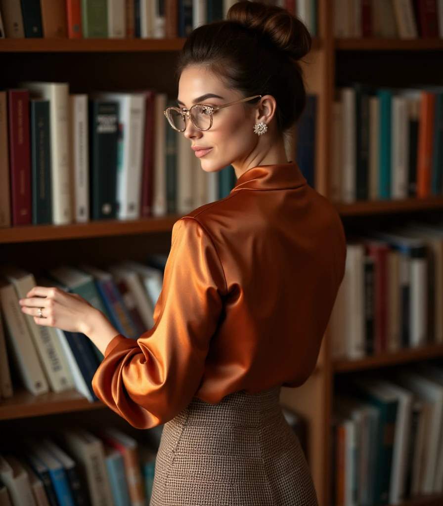 a close up, upper body photo of a 30 year old woman with brown eyes, brown classy updo hair, classy fashionable glasses, standing in a library in front of a bookcase, her hand reaching out to grab a book while looking over her shoulder to the viewer, focus on her butt, she is wearing a brown plaid skirt and satin blouse.sunshine and playful shadows,
(zeta),   <lora:Zeta-000003:2>