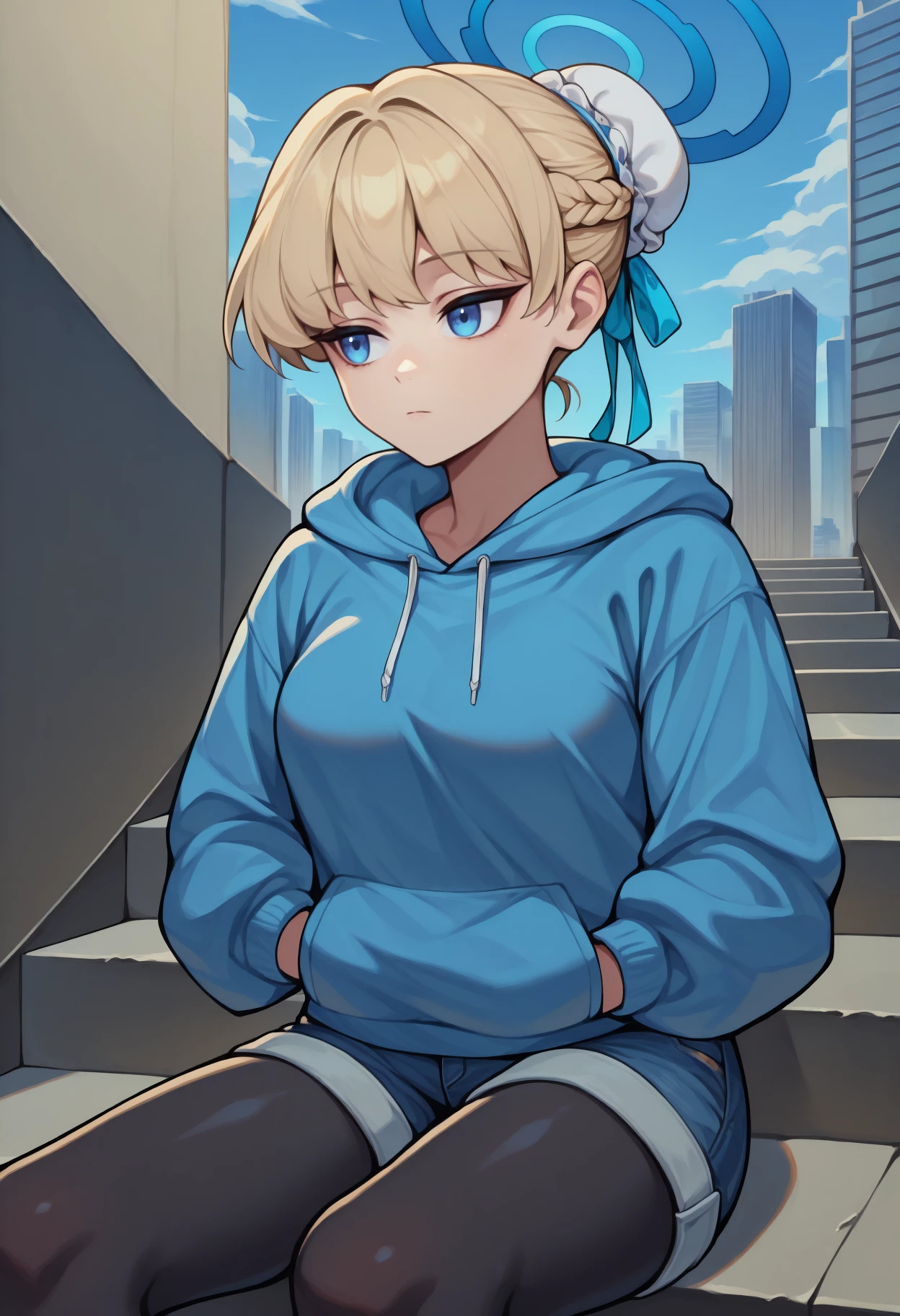 anime, masterpiece, best quality, <break> solo, 1girl, t0kidef, expressionless, looking away, sitting, on stairs, hands in pockets, short hair, blonde hair, french braid, single hair bun, bun cover, hair ribbon, blue ribbon, blue halo, blue eyes, blue hoodie, hood down, denim shorts, black pantyhose, outdoors, blue sky, cloud, city
<segment:yolo-Anzhc Face seg 640 v2 y8n.pt,0.4,0.5//cid=1>