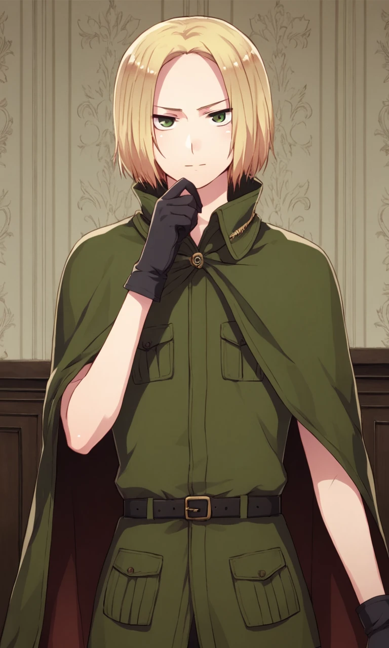 score_9, score_8_up, score_7_up, source_anime, anime illustration, masterpiece, best quality, lots of details, detailed background, indoors, cover page, cover, textured, detailed, BREAK
1boy, solo, 18 years old, femboy:0.1, adult, polandaph, blonde hair, green eyes, military uniform, cape, black gloves, looking at viewer, shiny skin