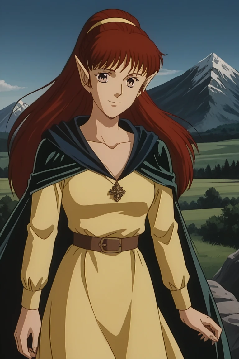 1girl, solo, sheerwiz, red hair, long hair, ponytail, pointy ears, grey eyes, yellow dress, long sleeves, collarbone, jewelry, necklace, black cape, brown belt, standing, outdoors, mountain, cowboy shot, smile, retro artstyle, 1990s (style)