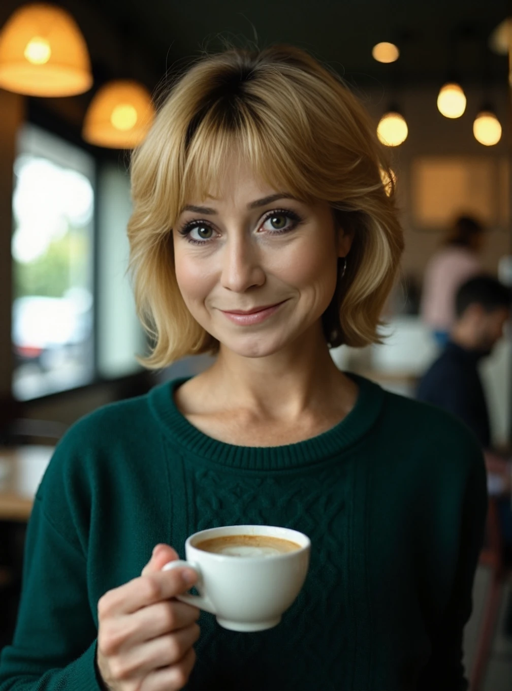 A professional photograph of a woman in her early 30s Felicity_Kendal wearing a dark green cableknit sweater in a cafe, holding a latte, light make-up, very short hair, detailed skin, bokeh, female focus, SFW <lora:Felicity_Kendal:1>