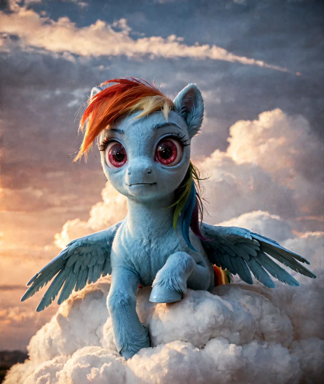 real e621, photorealistic, masterpiece, solo focus, full-body view, photorealistic realistic rainbow_dash_(mlp), dark background, simple background, sharp detailed eyes, sitting on cloud in sky, looking at viewer, detailed furred, glistening fur,