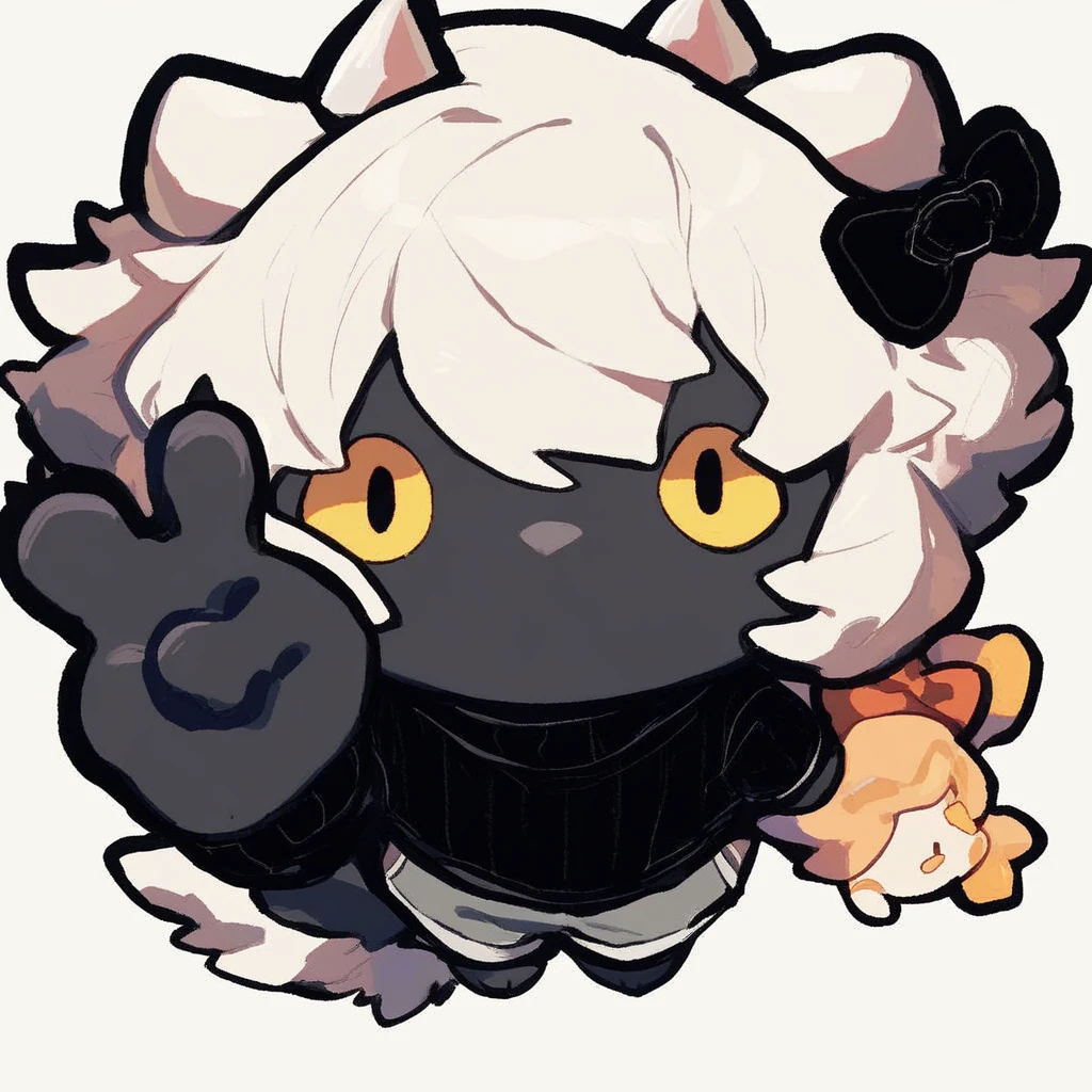 score_9, score_8, score_9_up, mikus-concept, hair bow, high-angle view, looking at viewer, dot eyes, v sign, black fur, dragon, furry, yellow eyes, white hair, white horns, black sweater, gray shorts