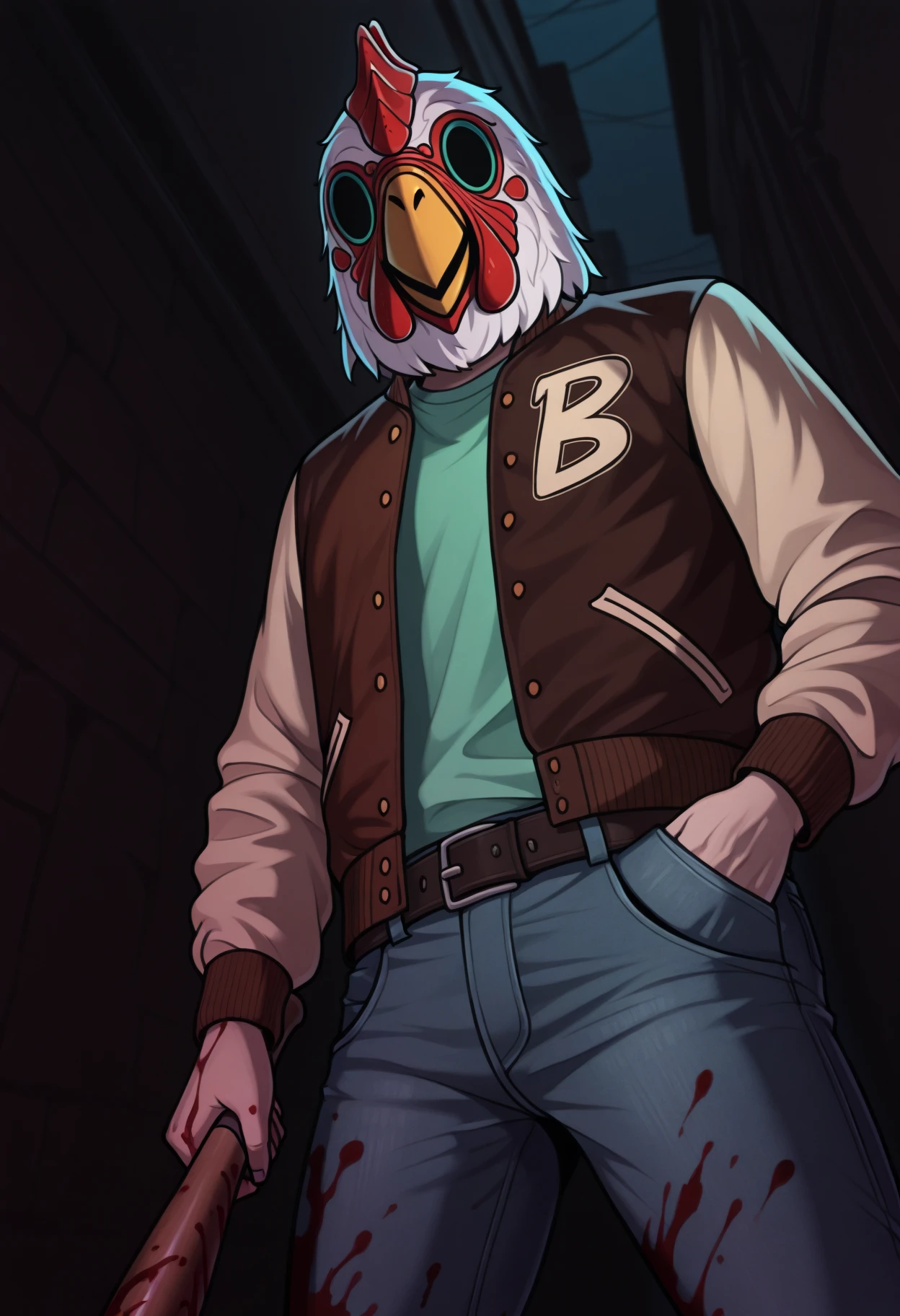 masterpiece, best quality, 1boy, solo, JacketHotlineMiami, mask, letterman jacket, green shirt, belt, jeans, outdoors, dark theme, night, darkness, alley, blood on clothes, holding baseball bat, hand in pocket, from below, dutch angle, foreshortening, horror \(theme\), <lora:ChamJacketHMIllustriousXL:1>