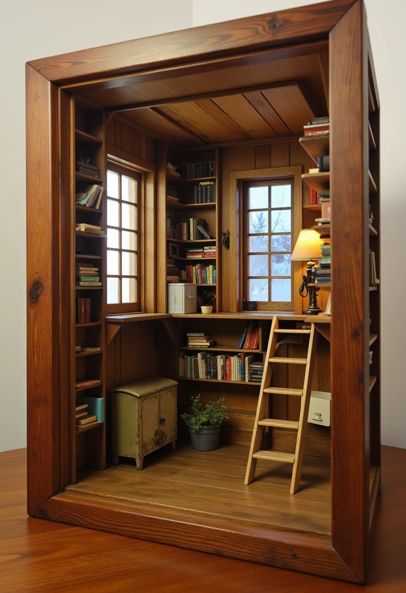 m1n1art A tiny bookcase designed like a cozy room, complete with windows, curtains, and a staircase on a wooden table.


