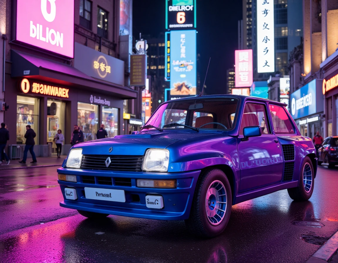 r3nault5, An electric blue Renault 5-inspired car is parked under the neon glow of a bustling city street. Purple LED accents run along its side skirts and grille, matching the vibrant neon signs and holographic billboards overhead. The car’s metallic paint reflects the city’s kaleidoscope of lights, blending seamlessly into the futuristic environment. Wet pavement glimmers underfoot, amplifying the car’s sleek, high-tech aesthetic. Cinematography inspired by "Blade Runner 2049," with a neon-drenched palette and a mix of urban chaos and refined detail.