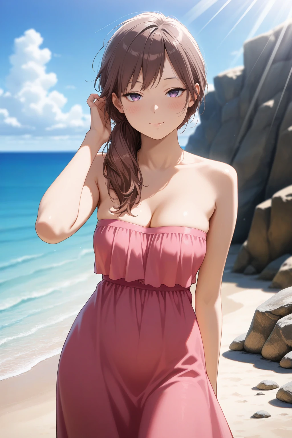 masterpiece, best quality, amazing quality, very aesthetic, absurdres, photorealistic, 1girl, solo,
<lora:kanoko_izo_IL:0.8>, kanoko, brown hair, long hair, purple eyes, hair over shoulder,
medium breasts, cleavage, pink dress, bare shoulders, strapless, long dress,
half closed eyes, seductive gaze, bedroom eyes, closed mouth, loving smile,
blush, looking at viewer, standing, contrapposto, cowboy shot, straight-on, hand behind head, arm at side, adjusting hair, floating hair,
blurry background, beach, horizon, blue sky, clouds, day, sunbeam, rock,