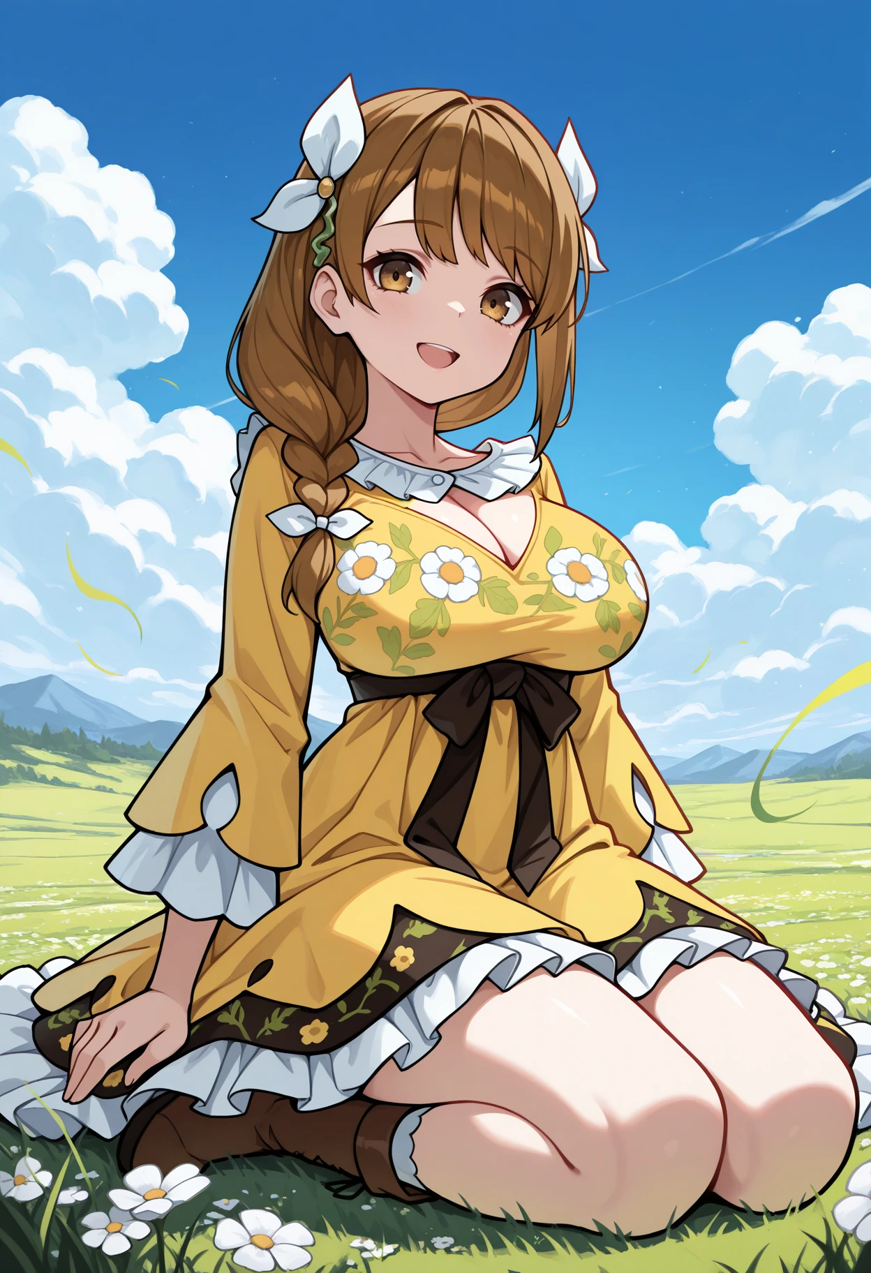 masterpiece, best quality, 1girl, seiza, :d, looking at viewer, wind, <lora:GoldmaryFE-illu:1> casGm, long hair, hair ornament, braid, brown hair, brown eyes, hair ribbon, white ribbon, yellow dress, floral print, black trim, frills, cleavage cutout, large breasts, long sleeves, waist ribbon, socks, boots, brown footwear, grass, flowers, cloud