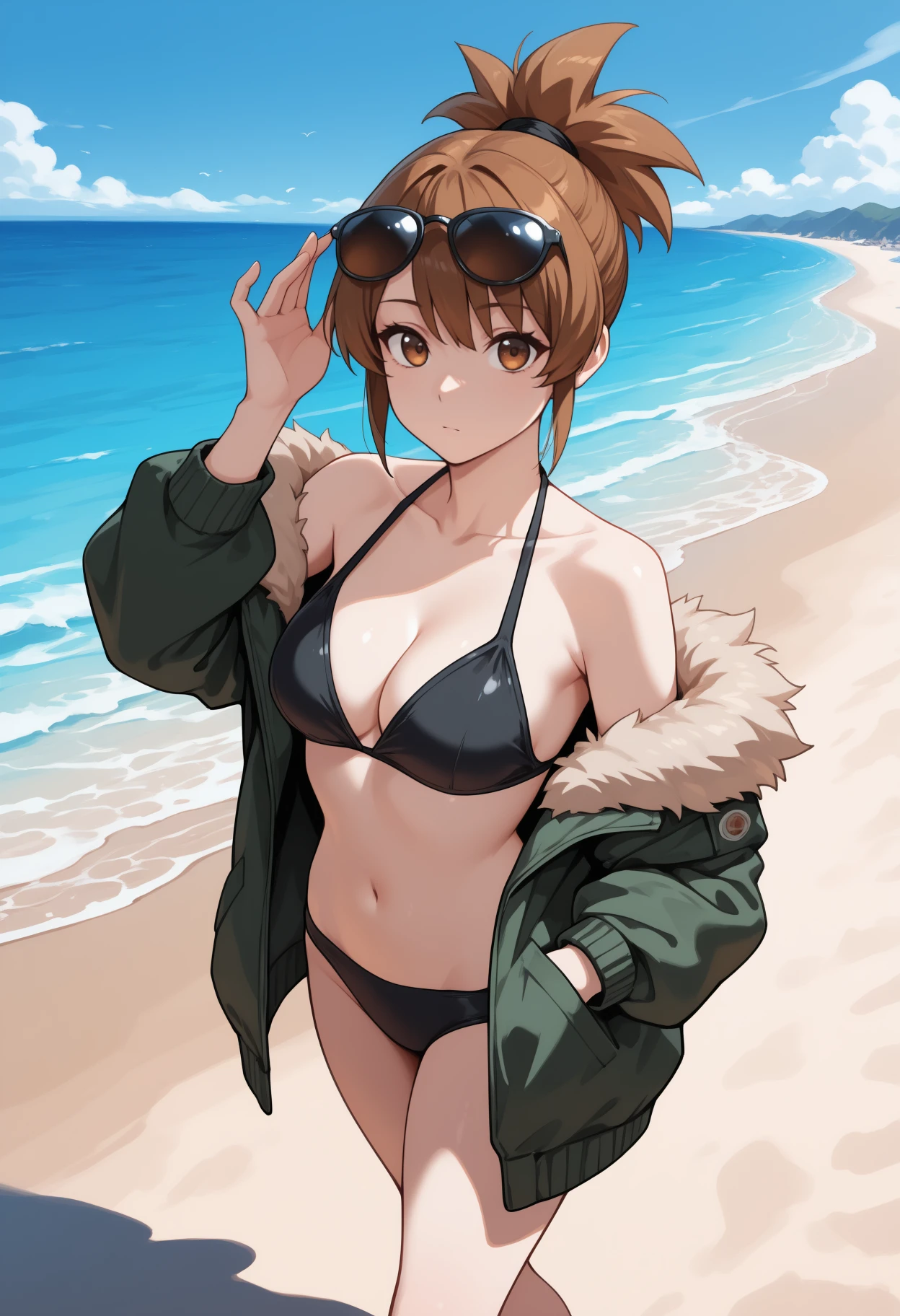 masterpiece, best quality, <break> feet out of frame, solo, 1girl, m4rci, expressionless, looking at viewer, walking, hand in pocket, hand on eyewear, short hair, brown hair, ponytail, sunglasses, eyewear on head, brown eyes, green jacket, fur-trimmed jacket, open jacket, jacket partially removed, black bikini, bare shoulders, collarbone, stomach, cleavage, medium breasts, outdoors, beach, blue sky, cloud, ocean
<segment:yolo-Anzhc Face seg 640 v2 y8n.pt,0.4,0.5//cid=1>