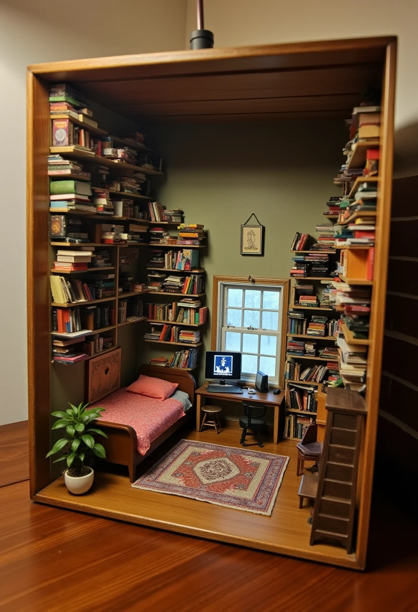 m1n1art,  miniature 80s bedroom, featuring furniture, books, and stairs on a wooden table.


